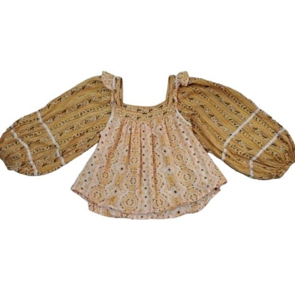 Free People~Woman S~Ochre Yellow Boho Tunic Smocked Henley CropTop Cotton. - Picture 1 of 13